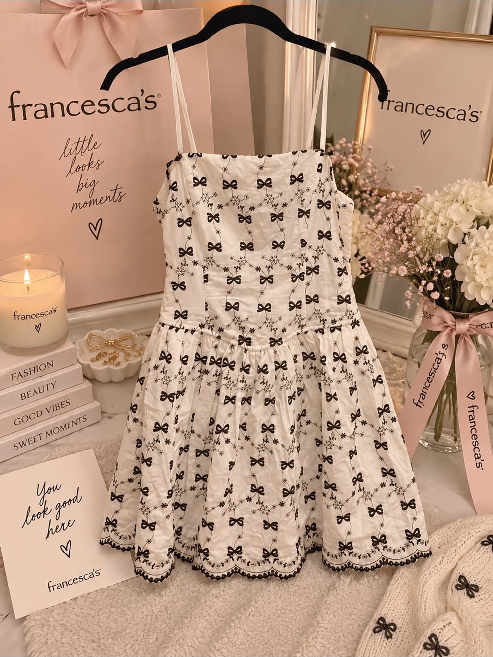 Francesca's White Dress with Black Bow Embroidery for Girls